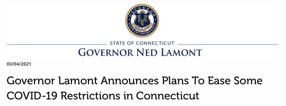 Banner from CT.gov's article indicating Governor Lamont Announces Plans To Ease Some COVID-19 Restrictions in Connecticut